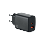 Cargador de pared UE con puerto USB-A y USB-C de carga rápida 65W color negro