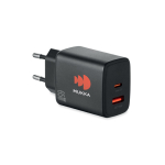 Cargador de pared UE con puerto USB-A y USB-C de carga rápida 65W color negro
