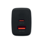 Cargador de pared UE con puerto USB-A y USB-C de carga rápida 65W color negro