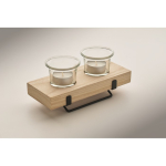 Portavelas decorativo con soporte madera y hierro para 2 velas color madera vista fotografía tercera vista