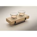 Portavelas decorativo con soporte madera y hierro para 2 velas color madera vista fotografía cuarta vista