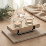 Portavelas decorativo con soporte madera y hierro para 2 velas color madera vista bodegón