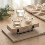 Portavelas decorativo con soporte madera y hierro para 2 velas color madera vista bodegón principal