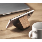 Soporte para móvil de madera de nogal y álamo para mesa color madera vista bodegón