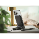 Soporte plegable de carga inalámbrica para móvil y carga USB-C 15W color negro vista bodegón