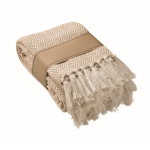 Manta con flecos de algodón reciclado presentada con cinta 400g/m²qu color blanco/gris