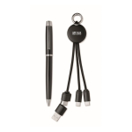Set de regalo con bolígrafo de metal y llavero con cable de carga 2 en 1 color negro vista de impresión