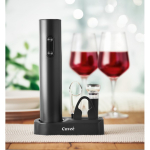 Set de vino de plástico con abridor eléctrico y accesorios en base color negro vista bodegón principal