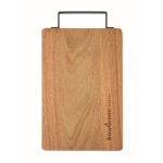 Tabla de cortar de madera de acacia con cómoda asa de acero inoxidable color madera vista principal cuarta vista