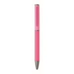 Bolígrafo de aluminio reciclado con sistema giratorio y acabado de goma color fucsia cuarta vista