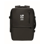 Mochila extensible de RPET 600D con compartimentos y cinta trolley 20L color negro vista de impresión