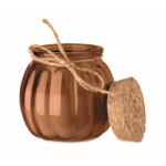 Portavelas de vidrio con tapa de corcho y vela con aroma a vainilla color marrón