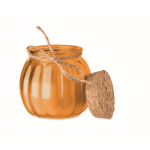 Portavelas de vidrio con tapa de corcho y vela con aroma a vainilla color naranja tercera vista