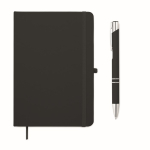 Set de libreta de PU formato A5 con bolígrafo azul y hojas a rayas color negro