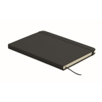 Set de libreta de PU formato A5 con bolígrafo azul y hojas a rayas color negro cuarta vista