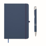 Set de libreta de PU formato A5 con bolígrafo azul y hojas a rayas color azul