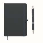 Set de libreta de PU formato A5 con bolígrafo azul y hojas a rayas color azul marino segunda vista