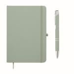 Set de libreta de PU formato A5 con bolígrafo azul y hojas a rayas color verde menta