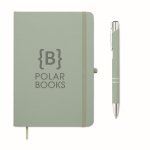 Set de libreta de PU formato A5 con bolígrafo azul y hojas a rayas color verde menta vista principal