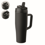 Vaso térmico de acero inox. reciclado antifugas con asa y pajita 900ml color negro