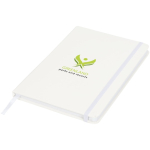 Libreta con cierre elástico y cinta del mismo color A5 hojas a puntos color blanco vista impresión tampografía