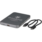 Power bank magnética compacta que carga sin cables 5.000 mAh color plateado brillante vista impresa logo 2