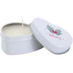 Vela en lata con forma de corazón con aroma a vainilla 40g color blanco vista impresión tampografía