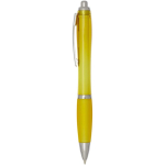 Bolígrafo de plástico reciclado con empuñadura tinta negra color amarillo vista lateral