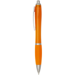 Bolígrafo de plástico reciclado con empuñadura tinta negra color naranja vista lateral