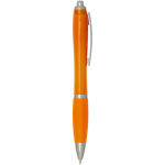 Bolígrafo de plástico reciclado con empuñadura tinta negra color naranja segunda vista lateral