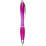 Bolígrafo de plástico reciclado con empuñadura tinta negra color rosa segunda vista lateral