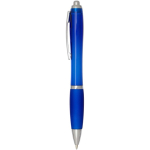 Bolígrafo de plástico reciclado con empuñadura tinta negra color azul real vista lateral