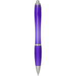 Bolígrafo de plástico reciclado con empuñadura tinta negra color morado segunda vista trasera