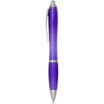Bolígrafo de plástico reciclado con empuñadura tinta negra color morado vista lateral