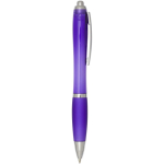 Bolígrafo de plástico reciclado con empuñadura tinta negra color morado segunda vista lateral