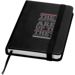 Cuaderno tapa dura con cierre elástico y piel sintética A7 hojas a rayas color negro vista impresión tampografía