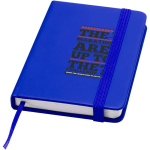 Cuaderno tapa dura con cierre elástico y piel sintética A7 hojas a rayas color azul real vista impresión tampografía