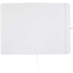 Set de cuaderno A5 de tapa dura y bolígrafo de tinta azul color blanco tercera vista frontal