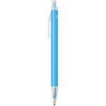 Set de cuaderno A5 de tapa dura y bolígrafo de tinta azul color azul claro vista lateral
