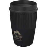 Vaso reutilizable con tapa 360° y reborde aislante 350ml color negro vista impresa logo 2