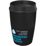 Vaso reutilizable con tapa 360° y reborde aislante 350ml color negro vista con logo