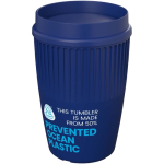 Vaso reutilizable con tapa 360° y reborde aislante 350ml color azul vista con logo