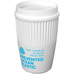 Vaso reutilizable con tapa 360° y reborde aislante 350ml color blanco vista con logo