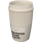 Vaso reutilizable con tapa 360° y reborde aislante 350ml color arena vista con logo