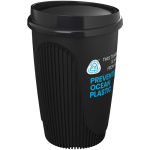 Vaso reutilizable con tapa clip y reborde aislante 350ml color negro vista con logo