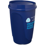 Vaso reutilizable con tapa clip y reborde aislante 350ml color azul vista con logo