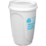Vaso reutilizable con tapa clip y reborde aislante 350ml color blanco vista con logo