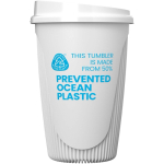 Vaso reutilizable con tapa clip y reborde aislante 350ml color blanco segunda vista con logo