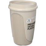 Vaso reutilizable con tapa clip y reborde aislante 350ml color arena vista con logo