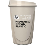 Vaso reutilizable con tapa clip y reborde aislante 350ml color arena segunda vista con logo